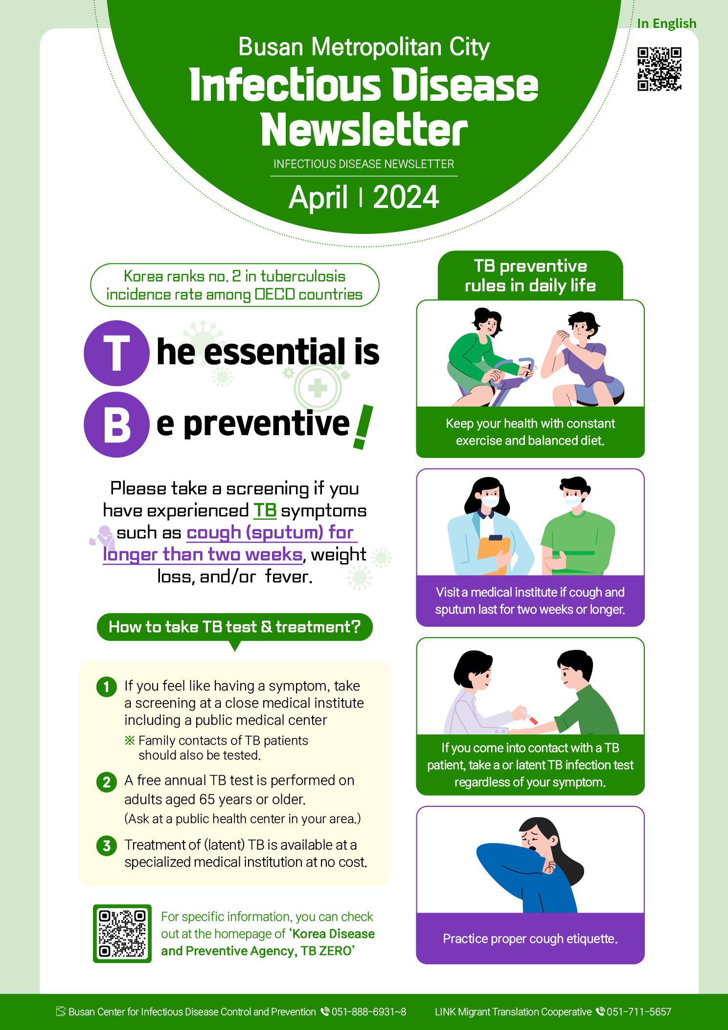 Busan Metropolitan City Infectious Disease Newsletter April 2024
Korea ranks no. 2 in tuberculosis incidence rate among OECD countries
The essential is
Be preventive!
Please take a screening if you have experienced TB symptoms such as cough (sputum) for longer than two weeks, weight loss, and/or  fever.
How to take TB test & treatment? 1. If you feel like having a symptom, take a screening at a close medical institute including a public medical center ※ Family contacts of TB patients should also be tested. 2. A free annual TB test is performed on adults aged 65 years or older.(Ask at a public health center in your area.) 3. Treatment of (latent) TB is available at a specialized medical institution at no cost.
TB preventive rules in daily life
Keep your health with constant exercise and balanced diet.
Visit a medical institute if cough and sputum last for two weeks or longer.
If you come into contact with a TB patient, take a or latent TB infection test regardless of your symptom.
Practice proper cough etiquette.
Busan Center for Infectious Disease Control and Prevention 051-888-6931~8 
LINK Migrant Translation Cooperative 051-711-5657 사진0