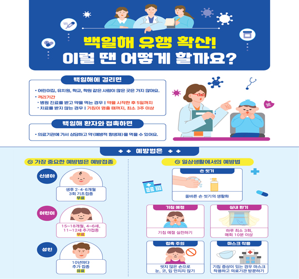 백일해 유행 확산! 이럴 땐 어떻게 할까요?

백일해에 걸리면?
어린이집, 유치원, 학교, 학원 같은 사람이 많은 곳은 가지 않아요.
격리기간
병원 진료를 받고 약을 먹는 경우: 약을 시작한 후 5일까지
치료를 받지 않는 경우: 기침이 멈출 때까지, 최소 3주 이상

백일해 환자와 접촉하면?
의료기관에 가서 상담하고 약(예방적 항생제)을 먹을 수 있어요.

예방법은?
1. 가장 중요한 예방법은 예방접종
신생아: 생후 2·4·6개월 3회 기초접종 / 무료
어린이: 15-18개월, 4-6세, 11-12세 추가접종 / 무료
성인: 10년마다 추가 접종 / 유료

2. 일상생활에서의 예방법
손 씻기: 올바른 손 씻기의 생활화
기침예절: 기침예절 실천하기
실내 환기: 하루 최소 3회, 매회 10분 이상
접촉주의: 씻지 않은 손으로 눈, 코, 입 만지지 않기
마스크 착용: 기침 증상이 있는 경우 마스크 착용하고 의료기관 방문하기

부산광역시 감염병관리지원단: 051-888-6931〜8
부산광역시 감염병관리과: 051-888-3351〜8 